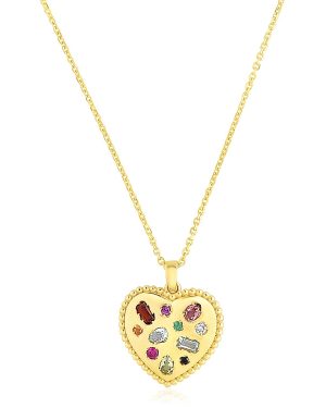 14k Yellow Gold High Polish Heart Gemstone Inlay Necklace