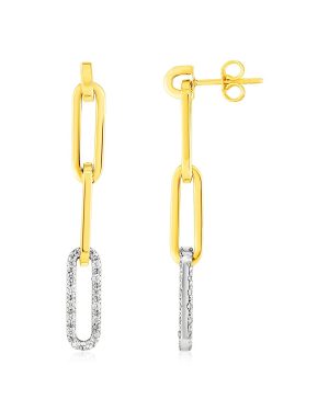 14k Yellow Gold Paperclip Chain Dangle Earrings with Diamonds