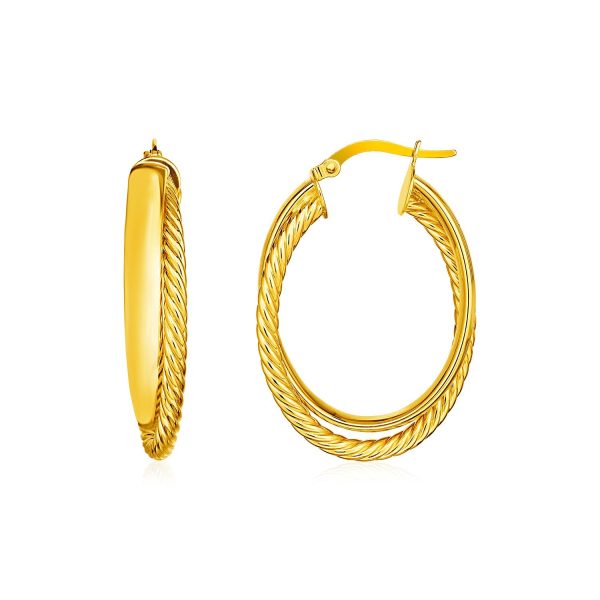 14k Yellow Gold Two Part Textured Twisted Oval Hoop Earrings