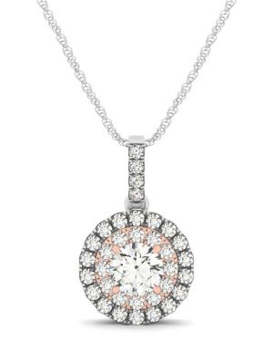 Round Shape Halo Diamond Pendant in 14k White and Rose Gold (1/2 cttw)