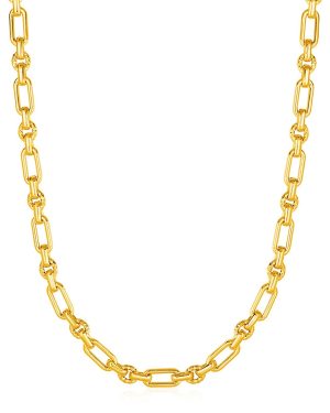 Rounded Rectangular Link Necklace with Textured Round Links in 14k Yellow Gold